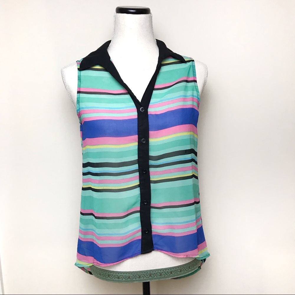Colorful striped button up high low tank top